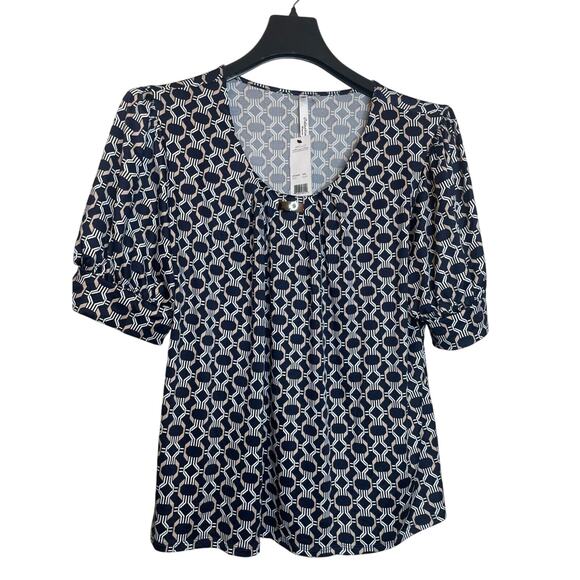 NY Collection Womens Geometric Print Neck Blouse Balloon Short Sleeve Size 2X - Picture 1 of 8